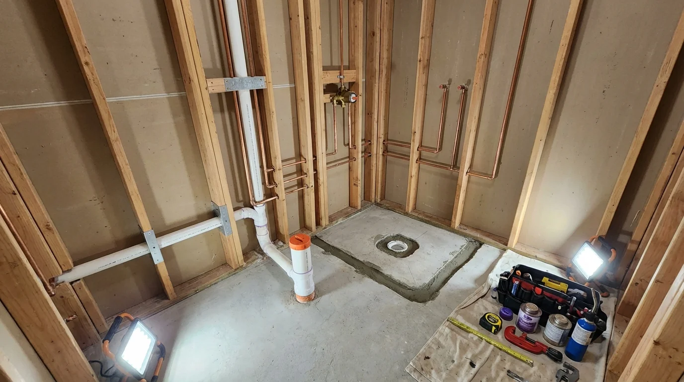 Bathroom rough-in plumbing during remodel by Johns Plumbing LLC in Anthony
