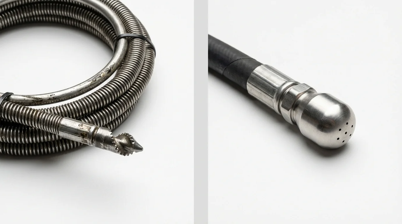 Drain snake cable and hydro jetting nozzle used for drain cleaning in Anthony, TX