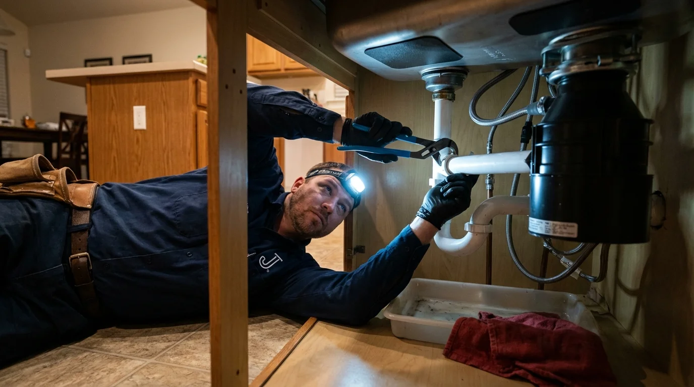 P-trap and supply line connections under a kitchen sink showing a common leak point in Anthony, TX